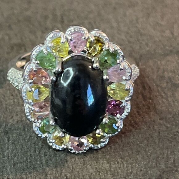Black & Multi Color Tourmaline Natural Zircon Halo Platinum Sterling Silver Ring - Picture 3 of 13
